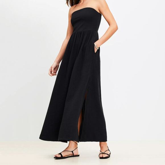 LOFT Beach Black Mixed Media Strapless Cotton Side Slits Maxi Dress Women L NWOT - Picture 1 of 13